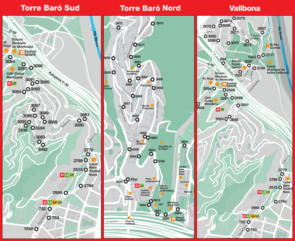 Mapes de les tres zones del bus a demanada