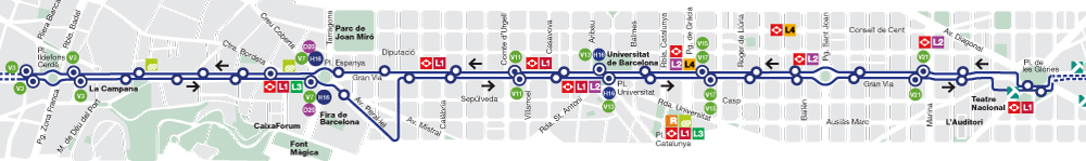 Map of the reinforcement of line H12 between Ciutat de la Justícia and Plaça de les Glòries on workdays