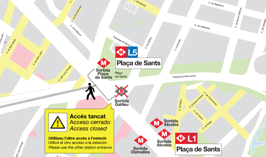 Imagen de los accesos Pl. de Sants, Galileu de L5 y los accesos Alcolea, Riego, Olzinelles y Cros de L1 y el recorrido del enlace por la calle
